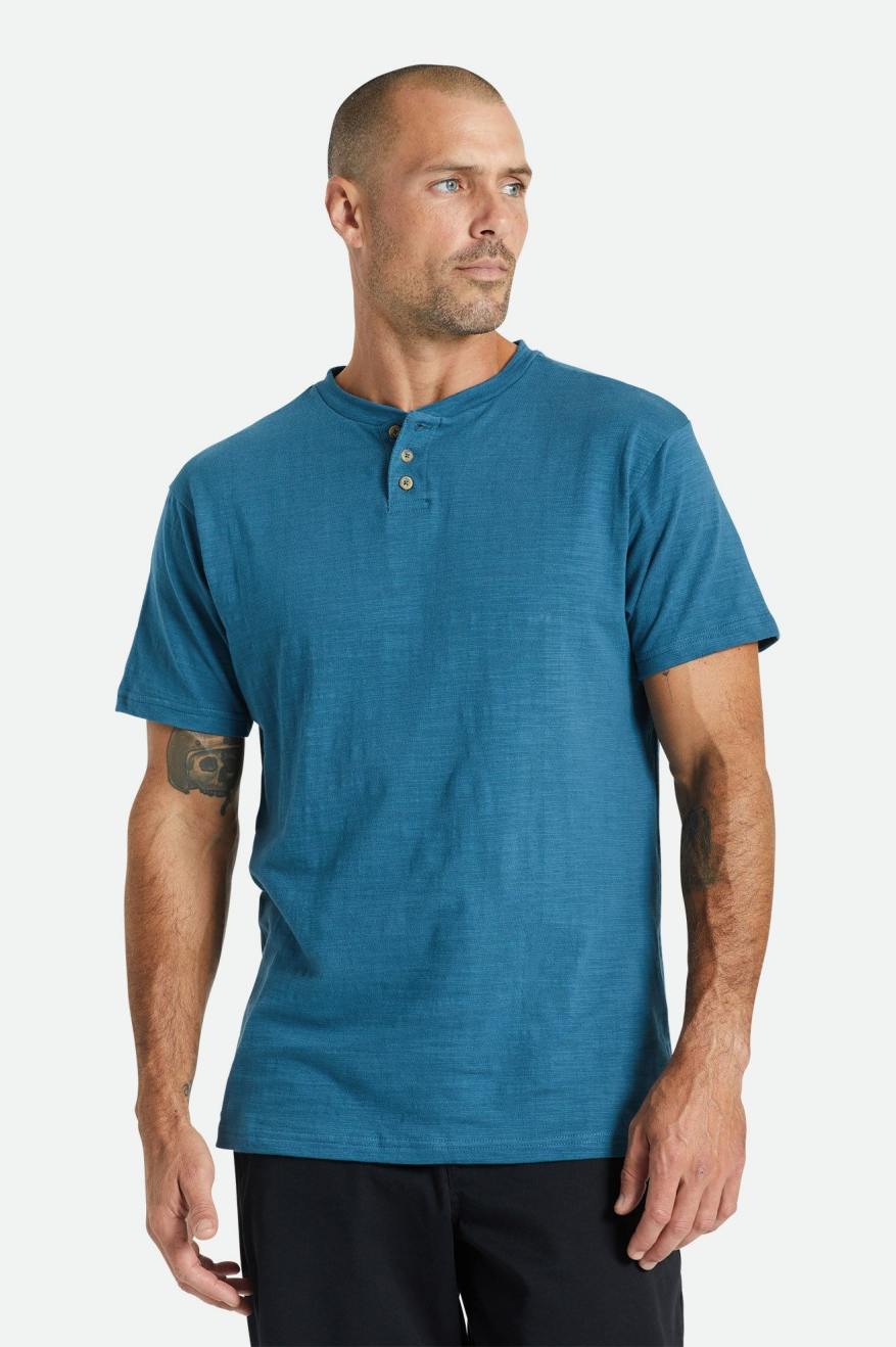 Brixton Basic Slub S/S Henley Top Uomo Verde Acqua | 145BGQDCU