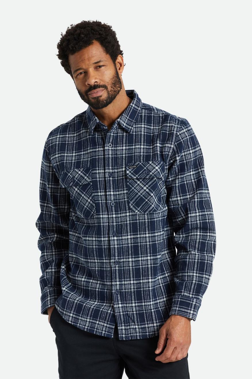 Brixton Bowery Heavy Weight L/S Top Di Woven Uomo Blu Marino Grigie | 761KYHSBP