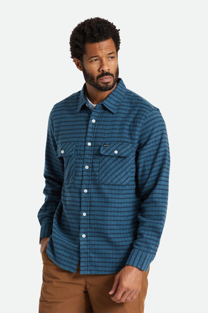 Brixton Bowery Stretch L/S Utility Top Di Woven Uomo Verde Acqua Nere | 160WMZQLS