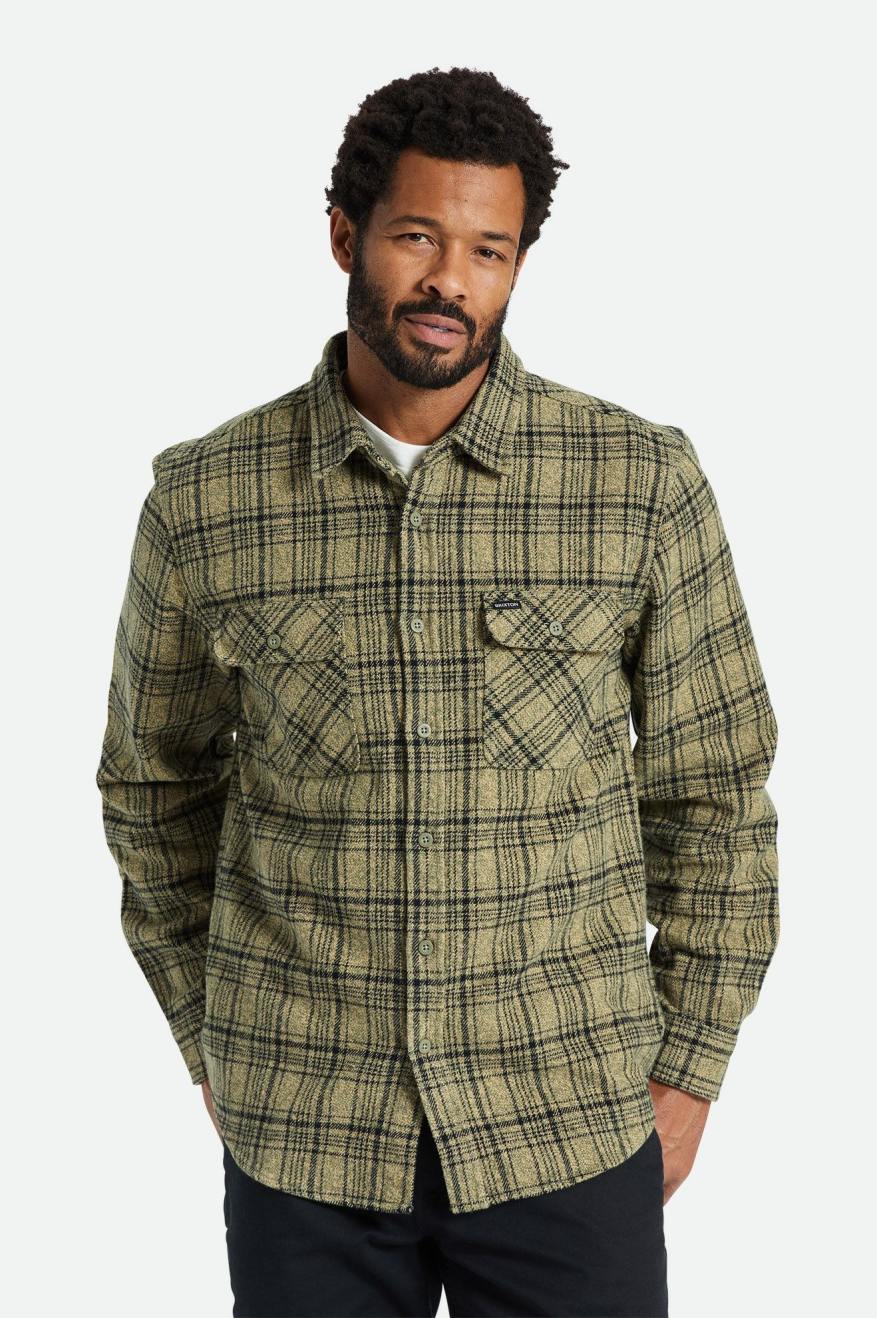 Brixton Bowery Heavy Weight L/S Top Di Flanella Uomo Verde Oliva Nere | 827UJQZGA